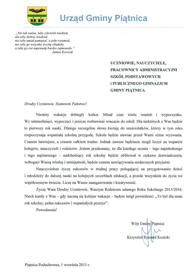 List Wójta z okazji rozpoczęcia roku szkolnego