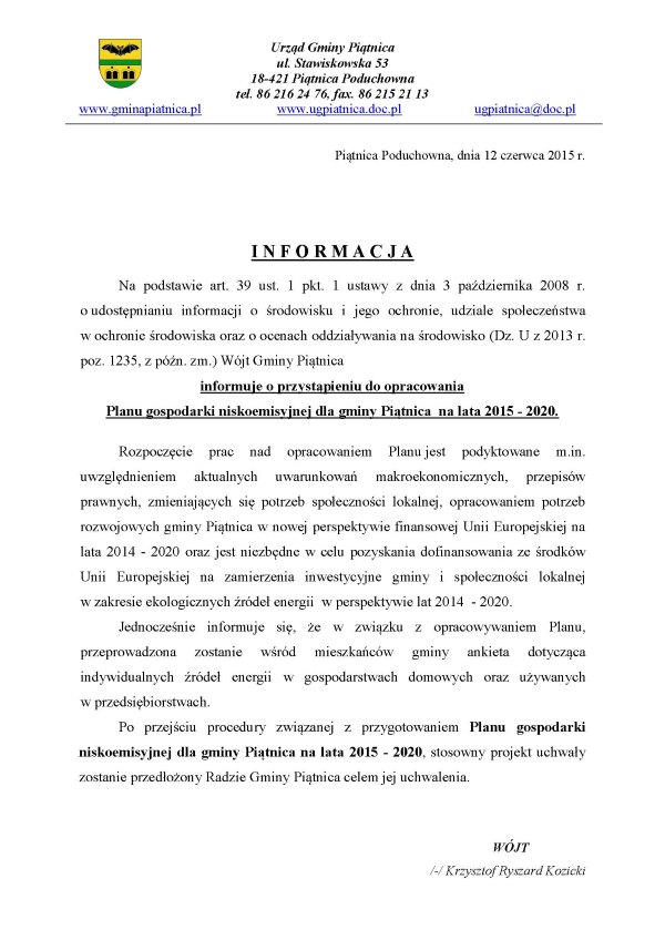 Informacja dotyczaca Planu gospodarki niskoemisyjnej