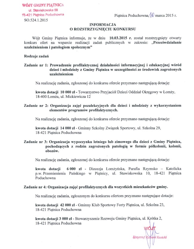 Informacja o rozstrzygnięciu konkursu