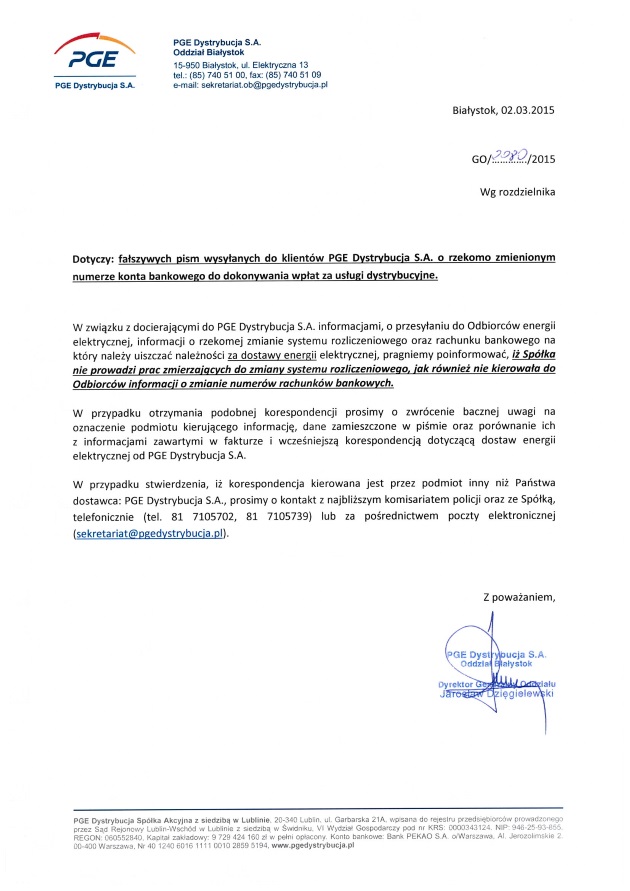 Informacja o fłszywych numerach kont do opłat