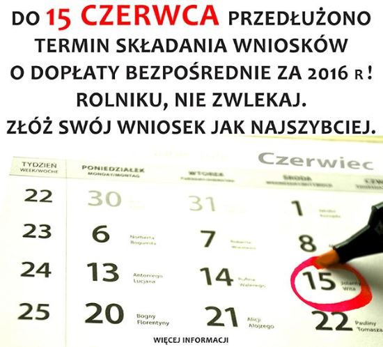 kalendarz wnioski do 15 czerwca 20166