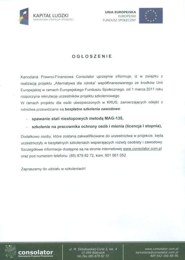 Ogłoszenie o bezpłanych szkoleniach - spawanie stali oraz szkolenie pracownika ochrony