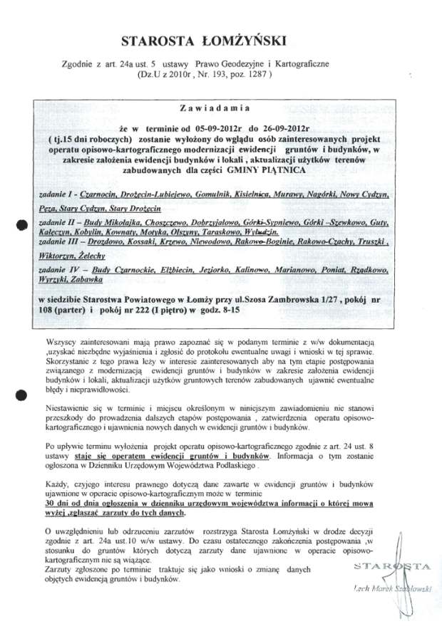 Zawiadomienie Starosty łomżyńskiego o wyłożeniu projektu modernizacji ewidencji gruntów i budynków (obrazek)