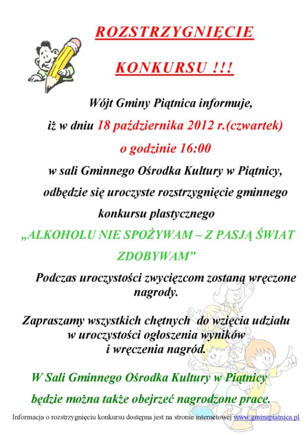 Informacja o wynikach konkusu plastycznego Alkoholu nie spożywam - z pasją świat zdobywam
