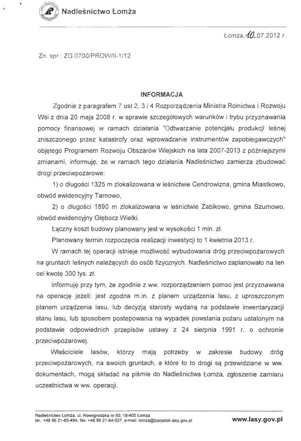 Informacja od Nadleśnictwa Łomża Strona 1
