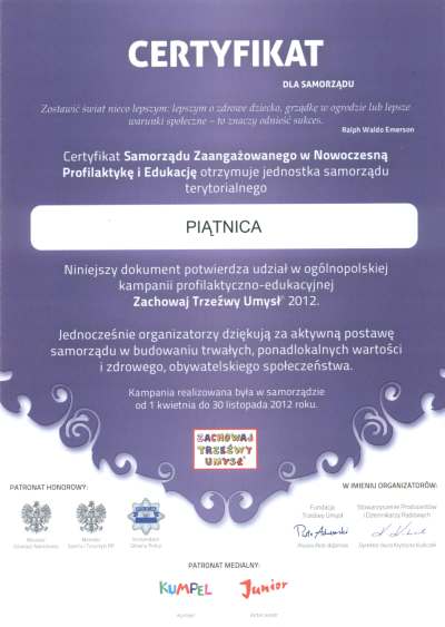 Certyfikat dla Gminy Piątnica za udział w kampanii Zachowaj Trzeźwy Umysł