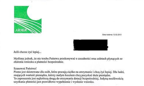 Fragment pisma jakie otrzymało wielu rolników w całej Polsce.