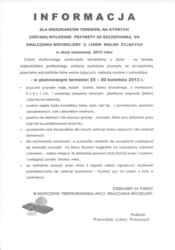 Informacja o szczepionkach dla lisów