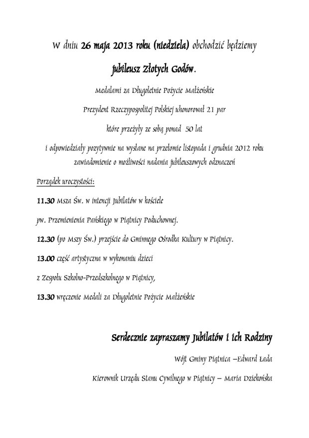 ogloszenie złote gody 26 maja 2013
