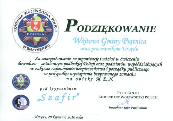 Podziękowania dla Wójta i pracowników Urzędu Gminy za udział w szkoleniu "SZAFIR"